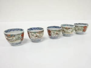 古伊万里　染付色絵　兎文様　のぞき　5客揃